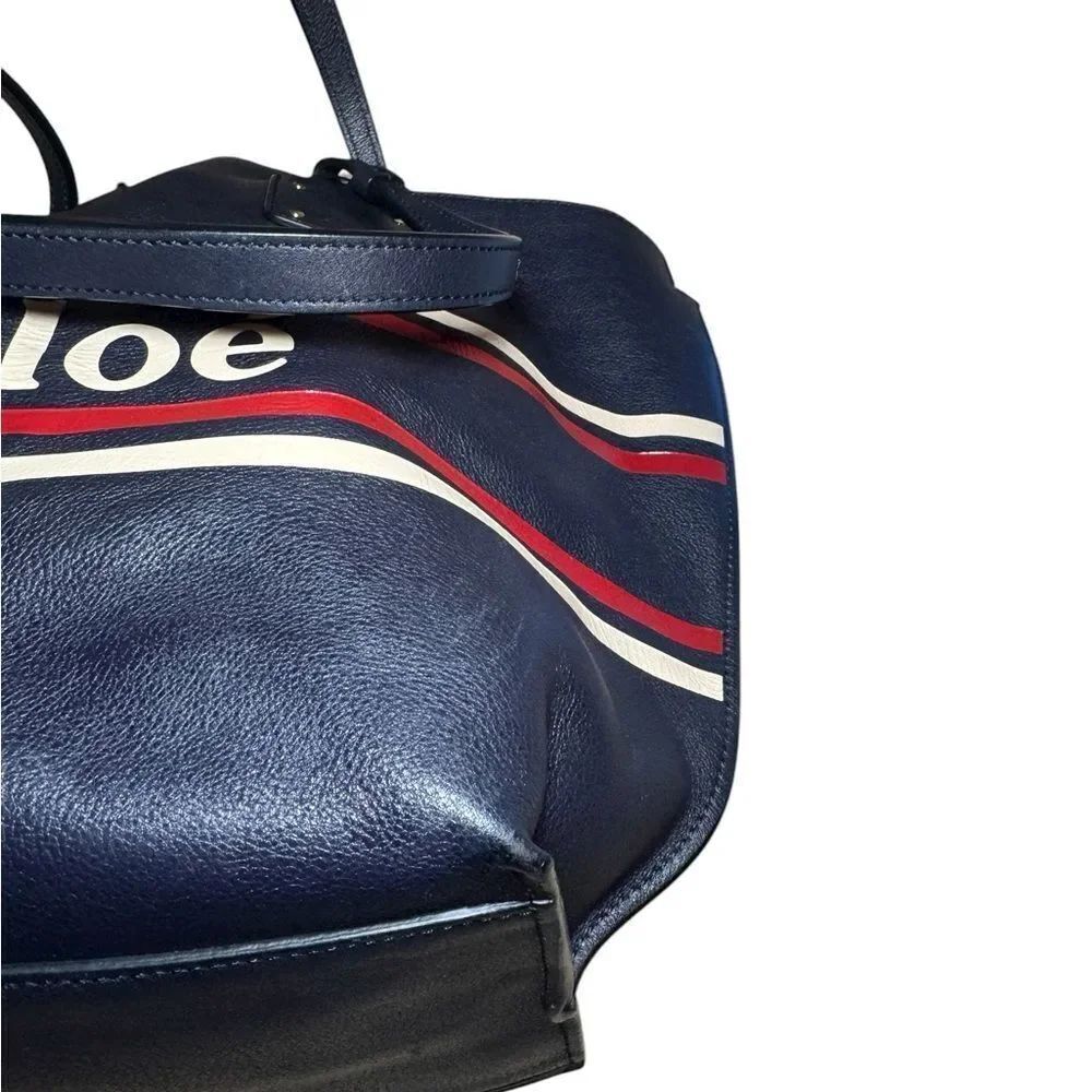 Chloé Navy Blue Leather Red White Striped Vick Tote Bag Auth With Zip Pouch - Picture 9 of 16